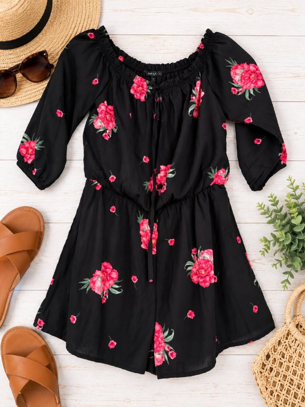 Papaya Black Pink Floral Off Shoulder Romper Size Small Boho Summer